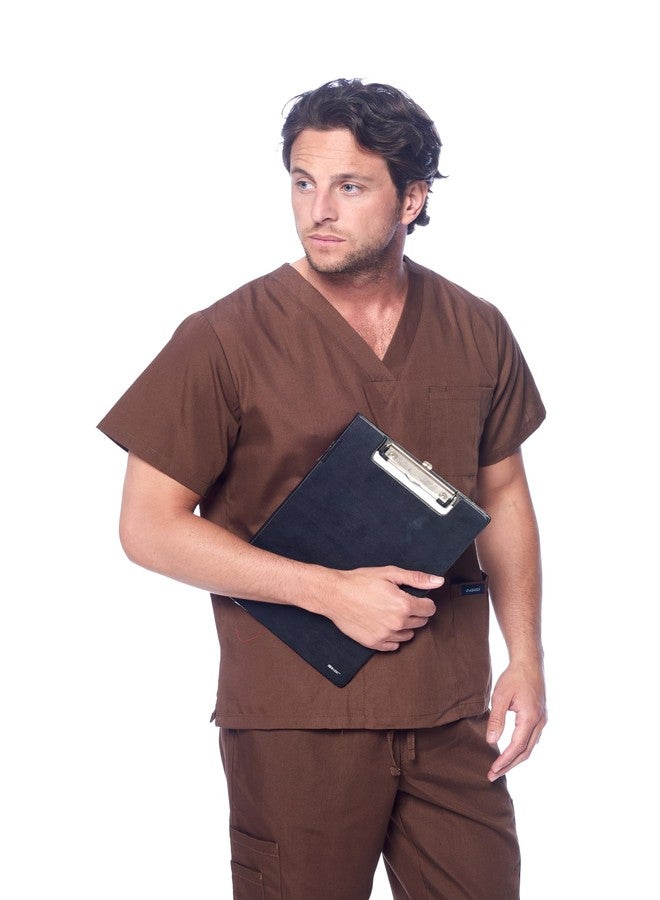 متجر داغاتشي للملابس الطبية طقم ملابس طبية رجالية من داغاتشي - قميص طبي بياقة على شكل حرف V وبنطال كارجو - طقم ملابس طبية رجالية بثمانية جيوب (صغير، بني) - Image 2